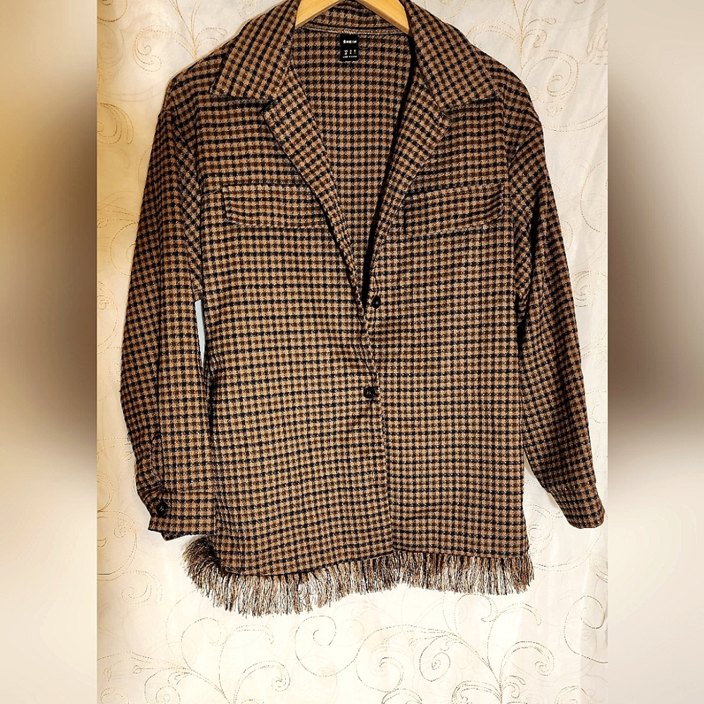 Shein Clasi Plaid Print Drop Shoulder Fringe Trim Coat Size Xs M27t